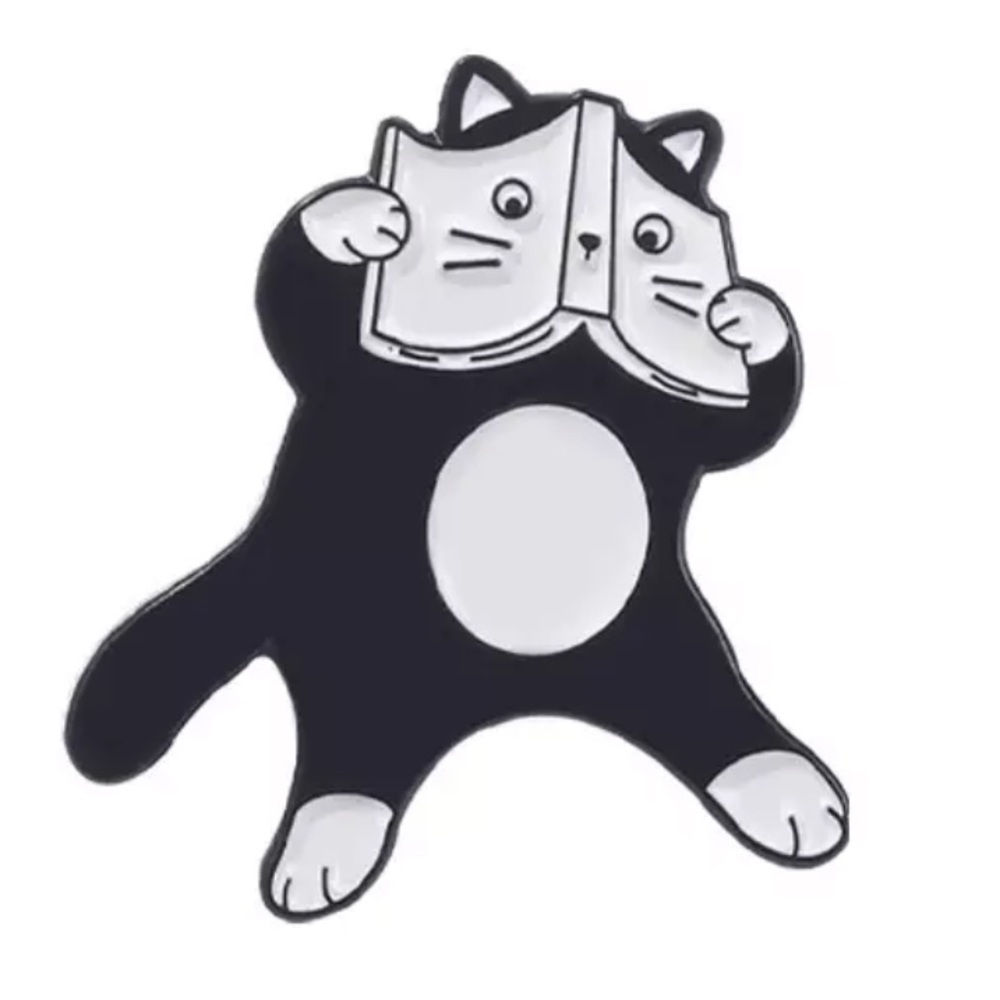 Nerdy Cat Enamel Pin Tuxedo Cat Reading Book Metal Backpack Badge Student Gift
